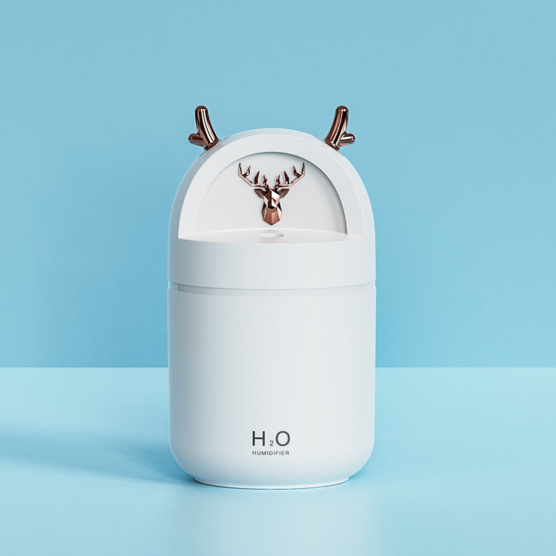Yilu Has You Cute Pet Deer Mini Humidifier Usb in white design with deer antlers on a blue background.