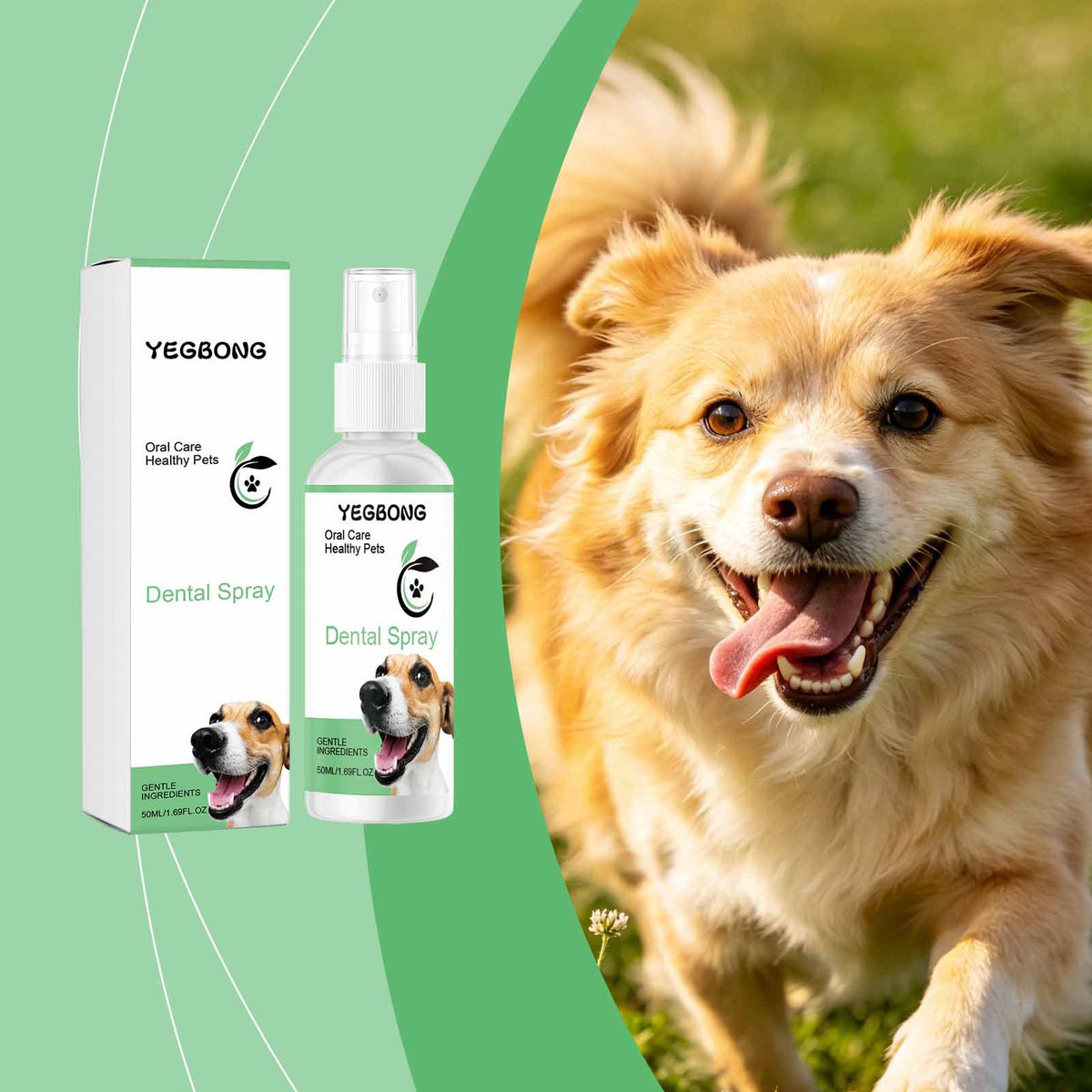 gentle pet oral care spraygentle pet oral care spray next to a happy dog outdoors.
